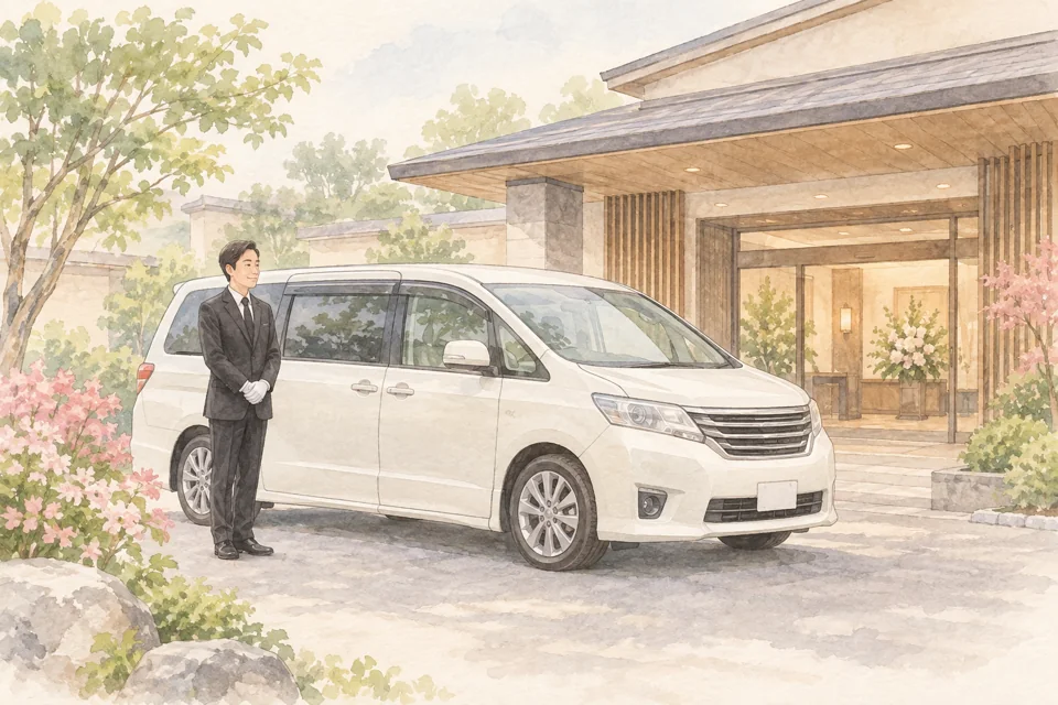 搬送車とお迎えのスタッフのイラスト