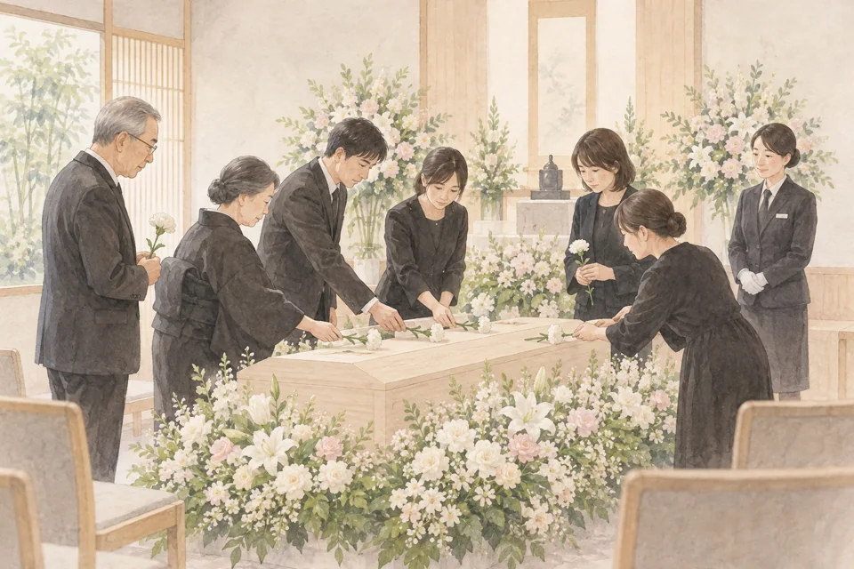 お花を手向ける葬儀・告別式のイラスト