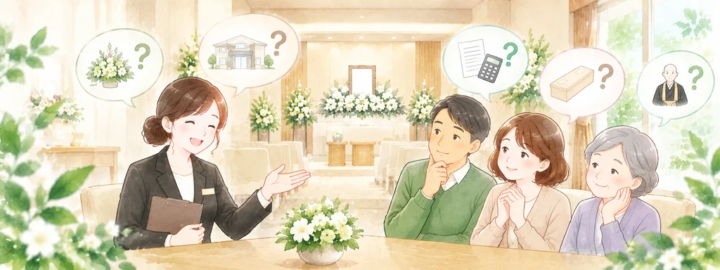 家族葬の費用や式場などについて相談するご家族のイラスト