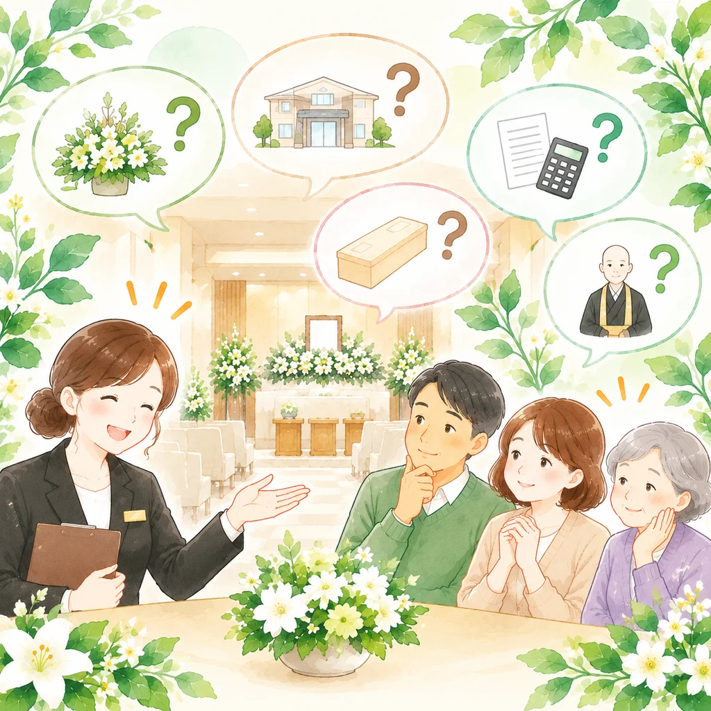 家族葬の費用や式場などについて相談するご家族のイラスト
